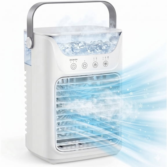 Portable Air Cooler, Rechargeable Personal Air Conditioner with 7-Color RGB Light, 2 Mist Levels, 3 Speeds, 600ml Water Tank & Handle, Small Evaporative Cooler for Bedroom, Office, Desk, Camping