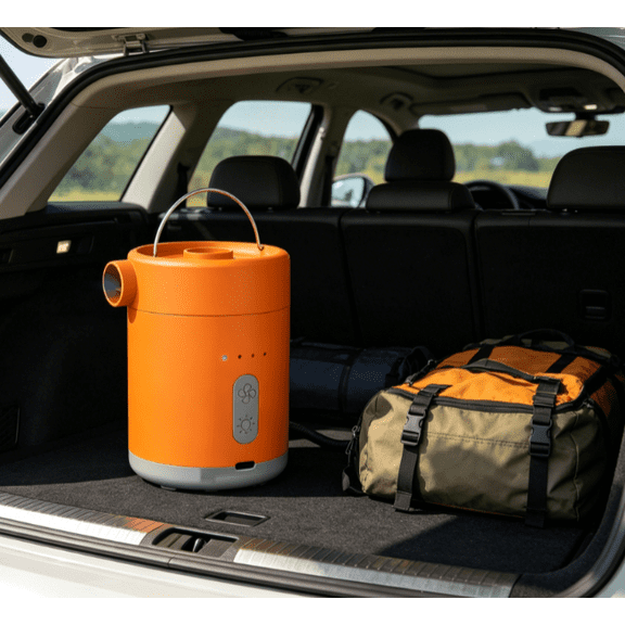 Portable Air Pump for Inflatables, Ultra-Mini Air Mattress Pump with Camping Light & 6 Nozzles, USB Rechargeable, Quick Inflate Deflate for Pool Floats, Swim Rings, Vacuum (Orange)
