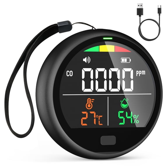 Portable Air Quality Monitor  CO Level, Temperature & Humidity Display, Rechargeable Device for Travel, Car & Indoor Use