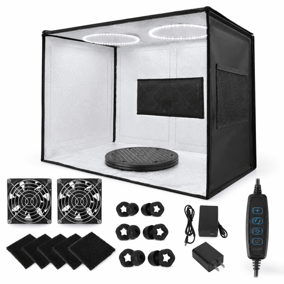 Portable Airbrush Spray Booth with Dual Exhaust Fans, LED Lights, Turntable, and Accessories for Model Craft Painting