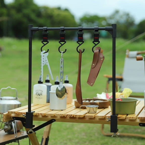 Portable Aluminum Alloy Folding BBQ Grill Side Desktop Hanging Storage Rack with Hooks & Shelf for Tableware Utensils, Black 12.6in