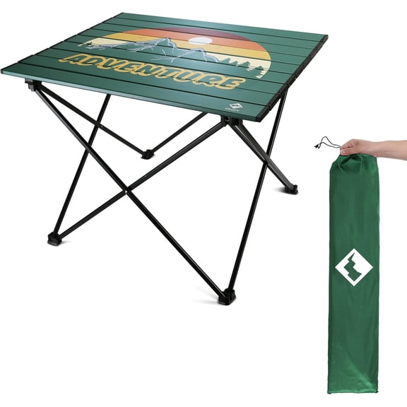 Portable Aluminum Folding Side Table, 24 Inch, Mountain Silhouette Design, Green