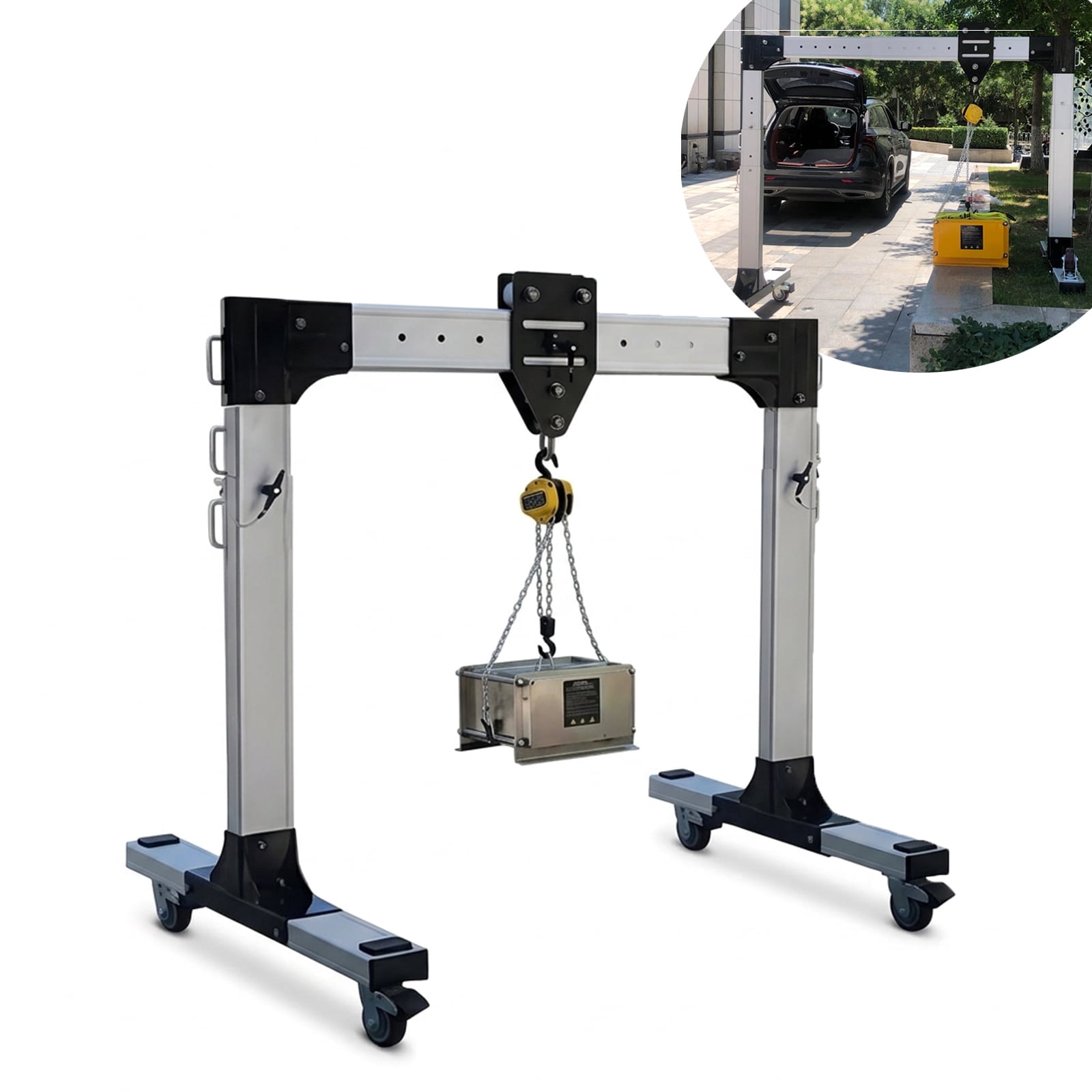 Portable Aluminum Gantry Crane, 2200 lbs Capacity Adjustable Shop Lift Hoist, 4.9-9.5 ft Height & 5.3-7.5 ft Beam Width, 2-Post Mobile Lifting System for Garage, Workshop, and Auto Repair