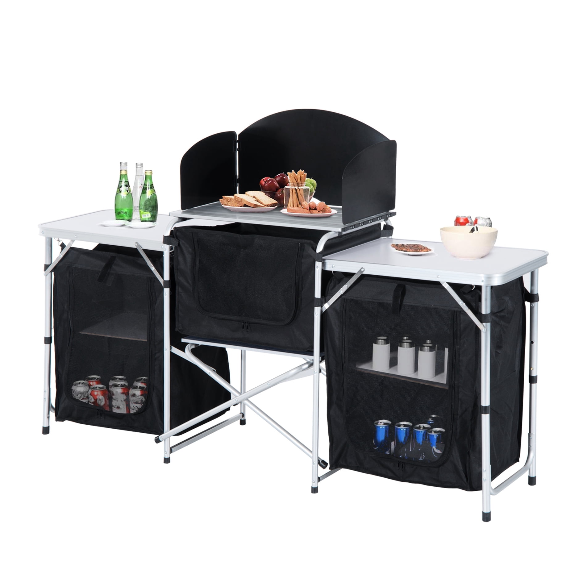 Portable Aluminum Kitchen: Table With Windscreen And 3 Cupboards For ...