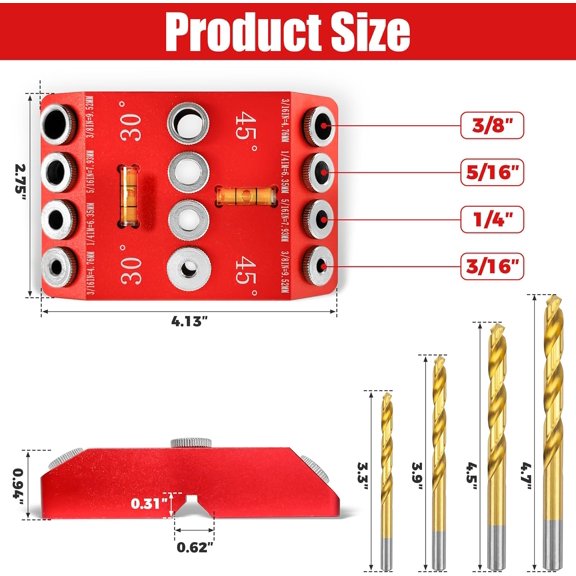 Portable Angle Drill Guide Jig with Level & 4 Drill Bits for Drilling 30, 45, 90 Degree Angled Holes, All Metal Jig for Angled or Straight Holes, for Wood Post Railing Stairs Handrail Deck