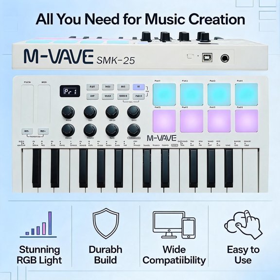 Portable Arranger MIDI Keyboard Controller with RGB Percussion Pads