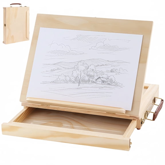 Portable Artist Sketchbox Easel, Solid Wood Foldable Drawing Board with Storage Drawer, Adjustable Height & Extendable Desktop Display, 13.2 x 10.4 x 19.69 in