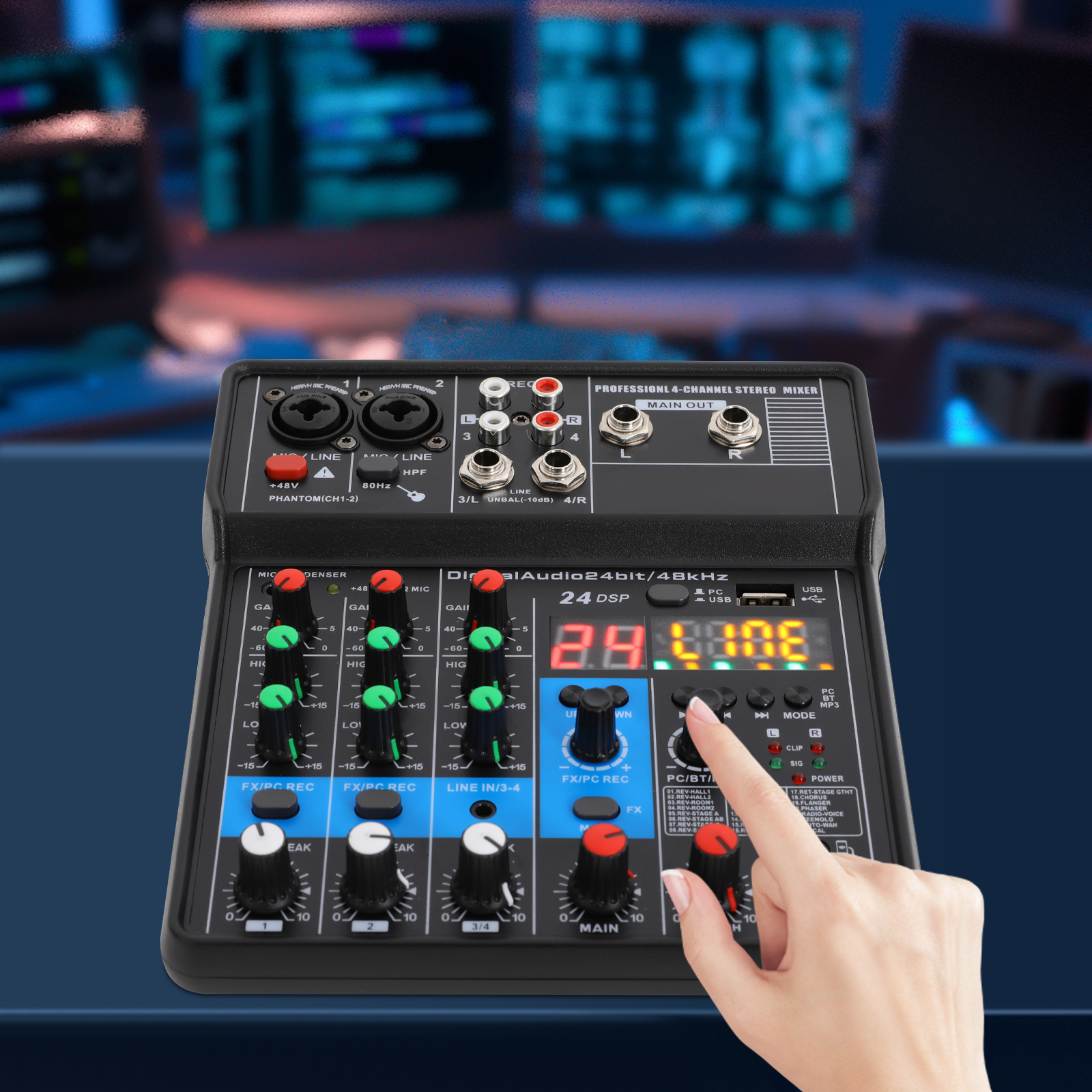 Portable Audio Mixer, 4-Channel with 48V Phantom Power, USB Connectivity, 1.54lbs Lightweight, for Recording & Live Use