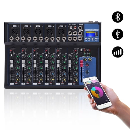 Portable Audio Mixer 7-channel Mixer with 6 Music Modes Three-band Equalization Bluetooth Mixer Dj Mixer, Interface|USB|Bluetooth Connectivity,48V Phantom Power,Monitor Function (5 microphone input)