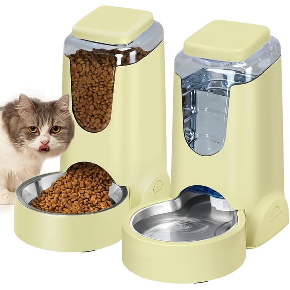 Portable Automatic Cat Feeder and Water Dispenser with Stainless Steel Bowl Dog Gravity Food Feeder and Waterer for Small Medium Pets Puppy Kitten 1 Gallon x 2 (Cream Yellow)