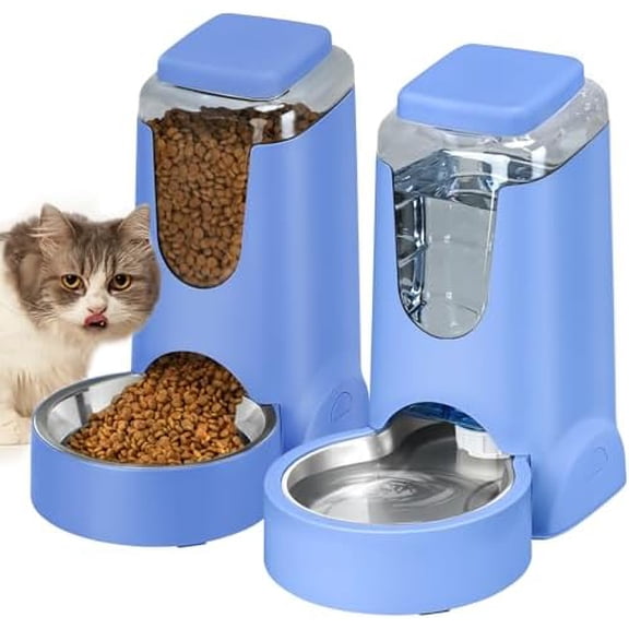 Portable Automatic Cat Feeder and Water Dispenser with Stainless Steel Bowl Dog Gravity Food Feeder and Waterer for Small Medium Pets Puppy Kitten 1 Gallon x 2 (Sapphire Blue)