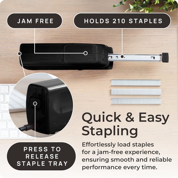 Portable Automatic Electric Stapler Pro - 30 Sheet Capacity, Quiet Operation, Jam-Free and Easy Reload - AC Adapter/Battery Powered, (Black)
