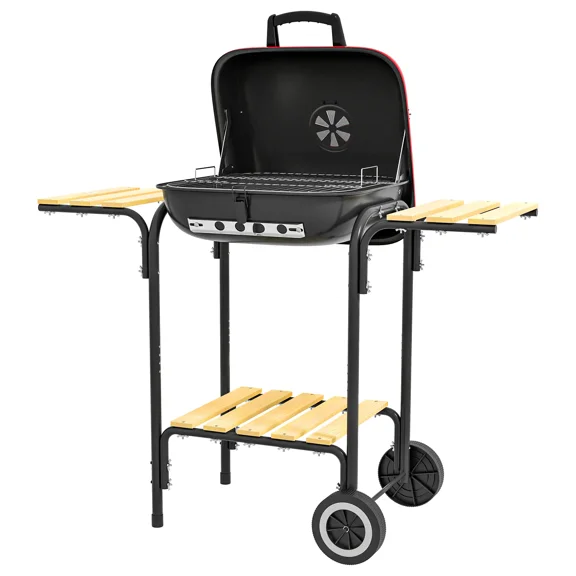 Portable BBQ 15.75 Inch Charcoal Grill, With Wheels, Bottom Shelf, 2 Tables, Adjustable Vents, Red