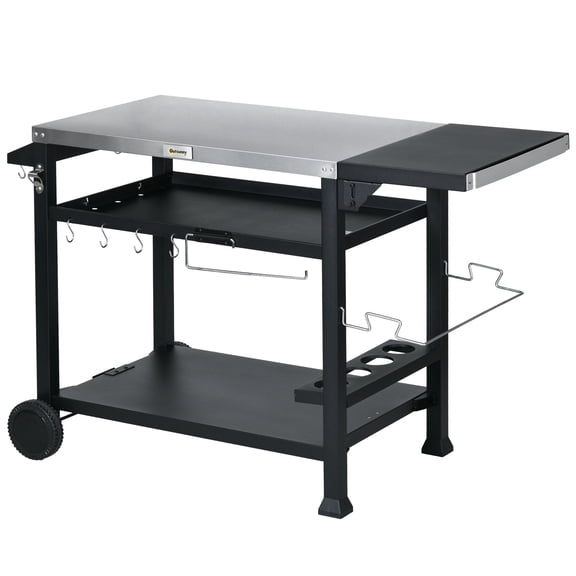 Portable BBQ Cart with 3-Tier Shelves, Mobile Outdoor Kitchen Island for Grill & Pizza Oven, Foldable Black Table
