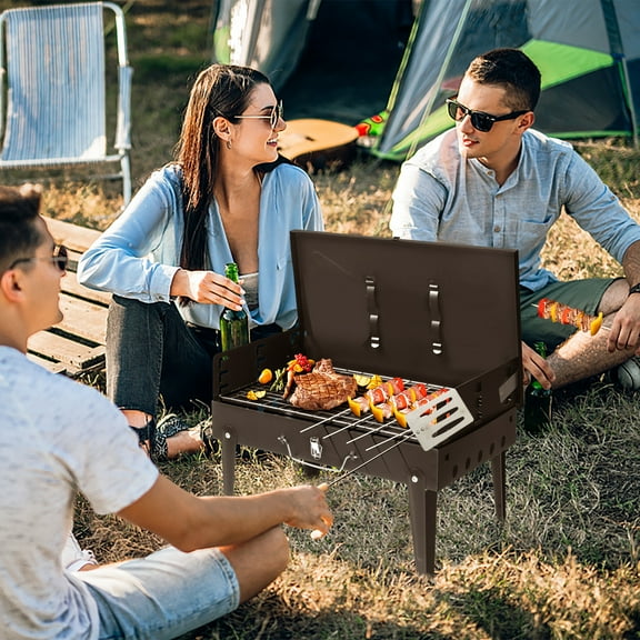 Portable Square BBQ Charcoal Grill for Patio, 44x27x22cm Foldable BBQ Grill with Lid, Adjustable Height Cooking Grid for Outdoor Picnic, Camping, Beach, Park, Black