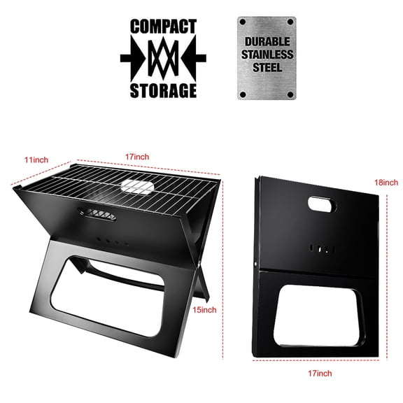 Portable BBQ Grill 3.5mm Cooking Bars Foldable Charcoal Grill for Outdoor Barbecues Camping Traveling Picnics Garden Beach Party Black