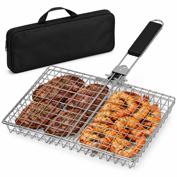 Portable BBQ Grill Basket, Fish Grill Baskets, Folding Portable Fish Grilling Rack For Grill, 12.6x8.82x1.97Inch, Heat-Resistant Handle, Stainless Steel Grill Basket For Veggies, Shrimp, Meat Cook