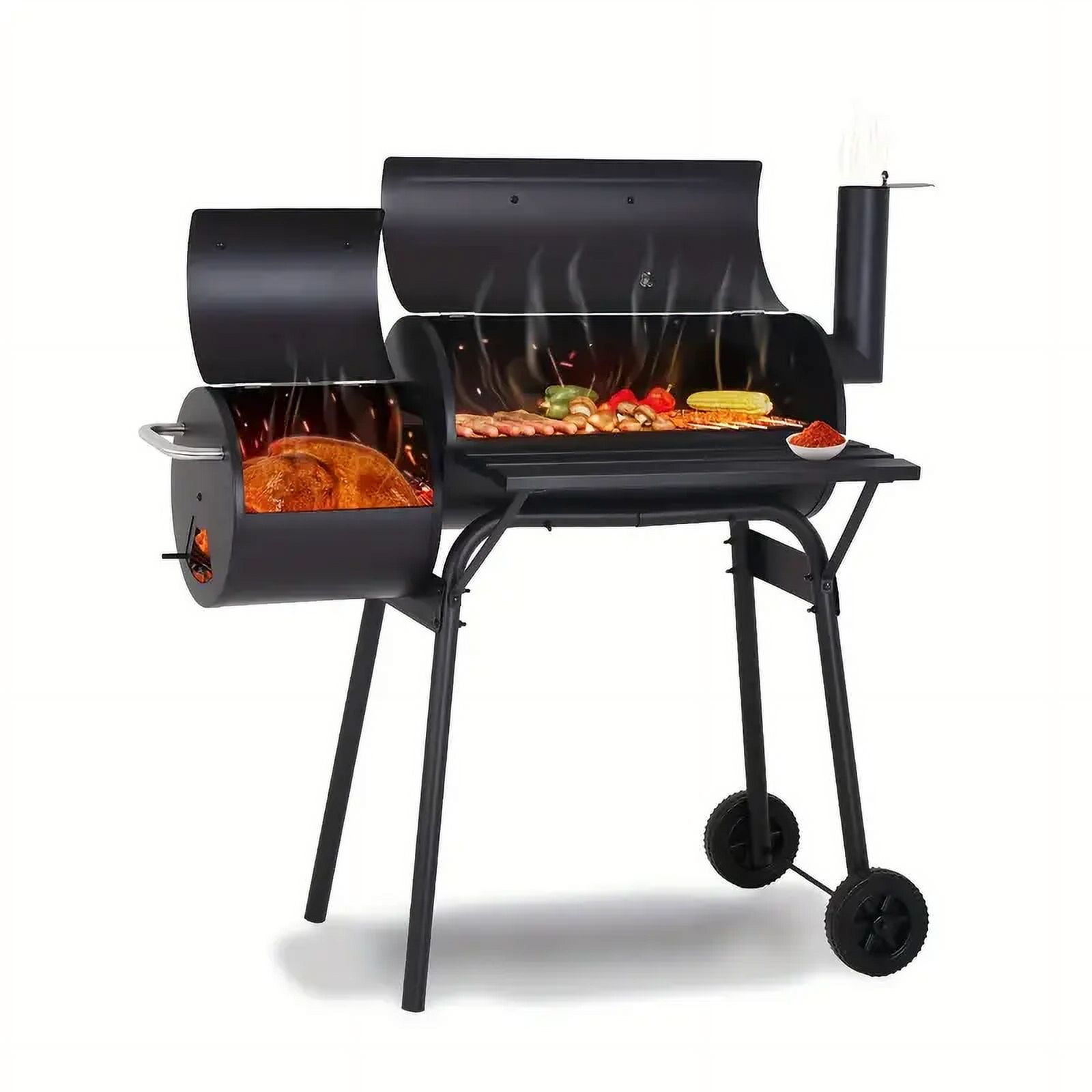 Black Steel Portable BBQ Grill with Offset Smoker