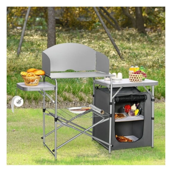 Portable BBQ Grilling Table, Outdoor Camping Kitchen Stand with Windscreen & Storage - Aluminum Folding Side Tables for Cooking