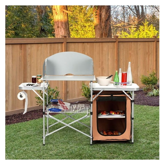 Portable BBQ Grilling Table with Windscreen, Outdoor Camping Kitchen Stand Folding Side Tables