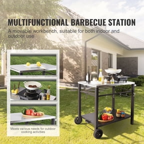 Portable BBQ Prep Cart with Stainless Steel Table, Double-Shelf Outdoor Grill Station, Movable Worktable for Pizza Oven&Cooking