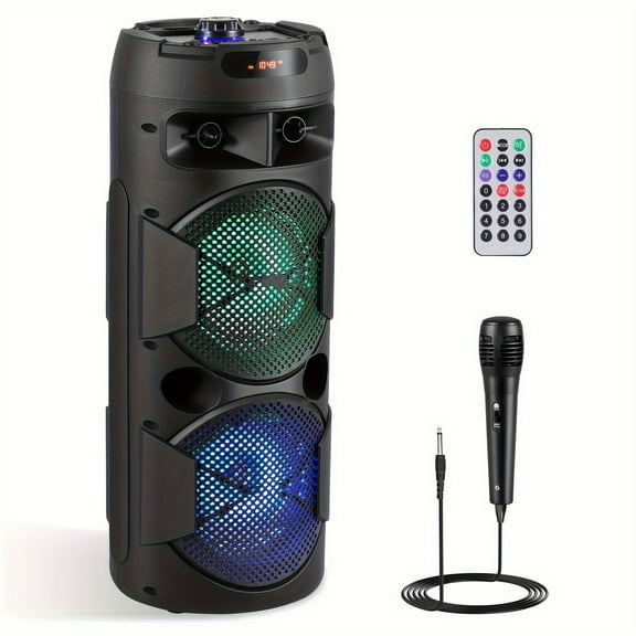 Portable BT PA Speaker System, Rechargeable Outdoor Wireless Speaker Portable PA System With Dual 6.5" Subwoofer Wired Microphone, Party Lights, Remote Control, Support USB FM AUX Audio Input