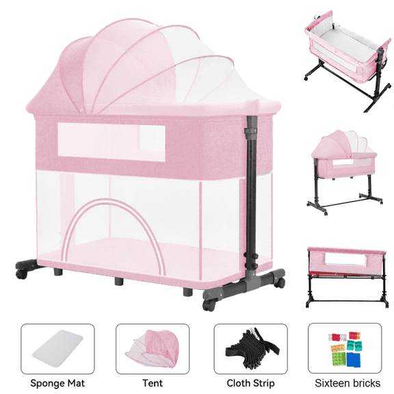 Portable Baby Bassinet Bedside Sleeper Bassinet & Baby Playpen for Newborn to Toddler with Building Blocks,Mosquito Net,Height Adjustable, Unisex,Pink