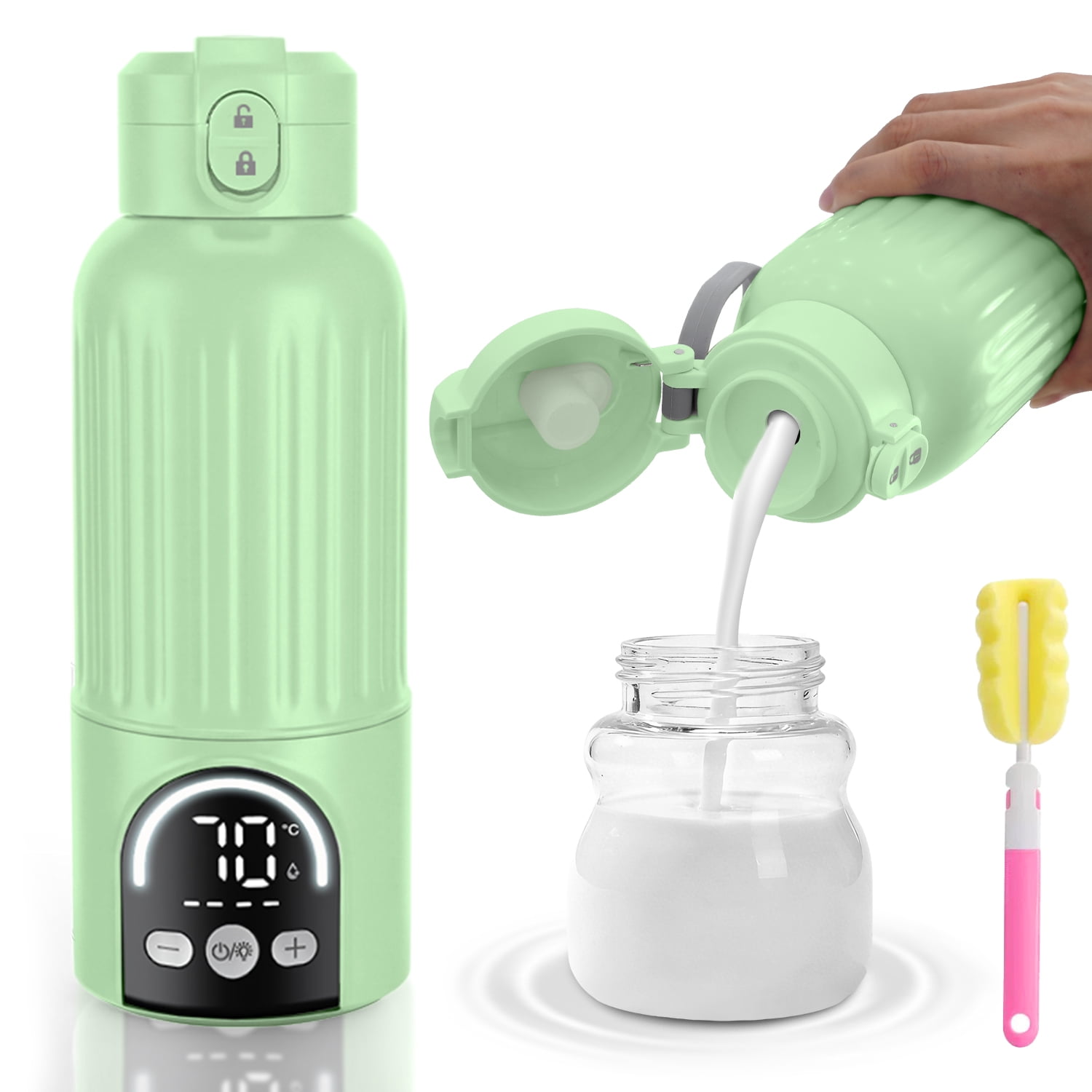 Portable Baby Bottle Warmer for Travel, 120W Fast Heating Breast Milk Warmer with 12000mAh Battery, 500ml, 2 Modes & Temp Control, On-the-Go Warmer with Cleaning Brush (Green) for Newborns & Infants