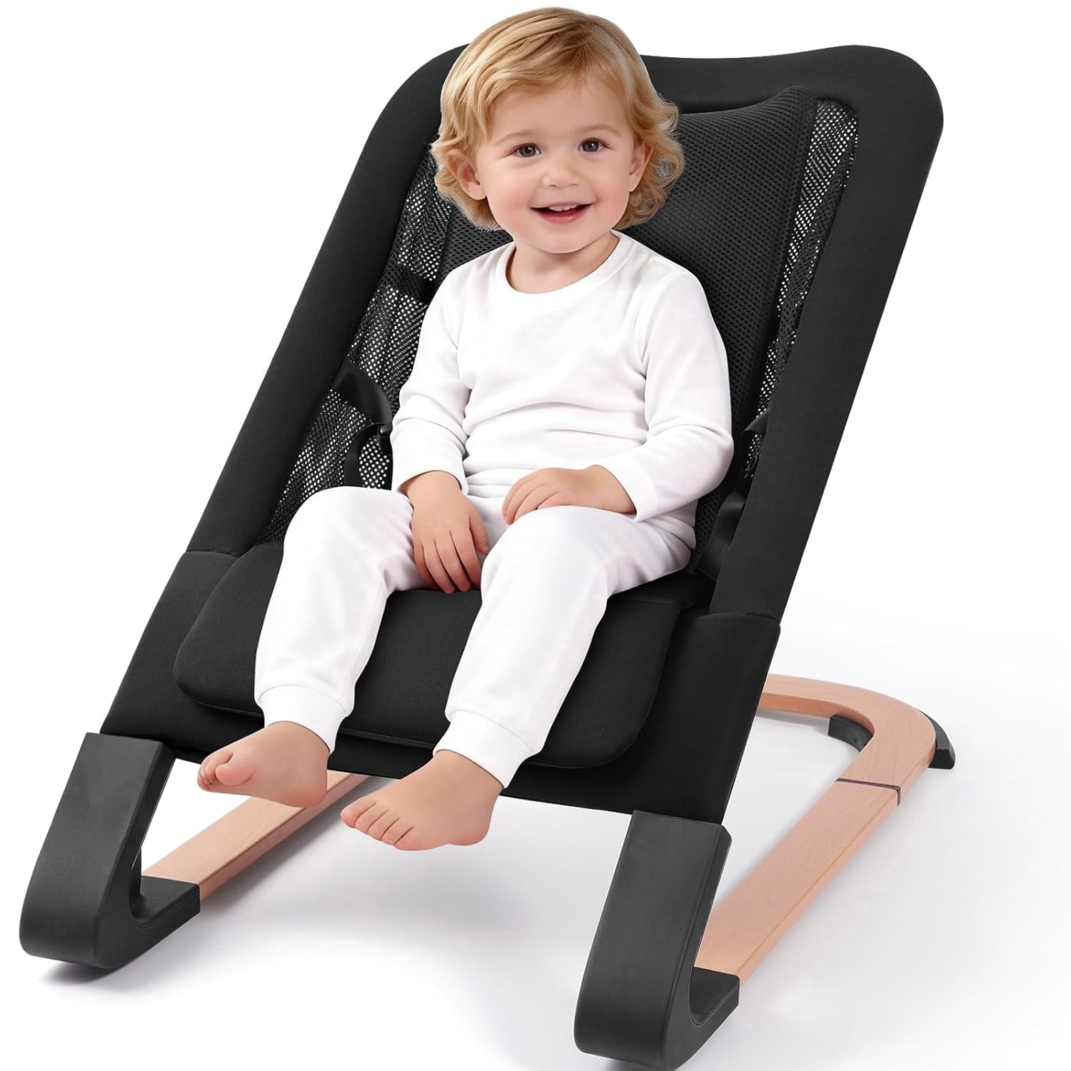 Portable Baby Bouncer & Rocker Seat for Infants, Adjustable Reclining Baby Chair with 3-Point Safety Harness, Lightweight Foldable Design for 0-18 Months, Supports Up to 60 lbs, Black