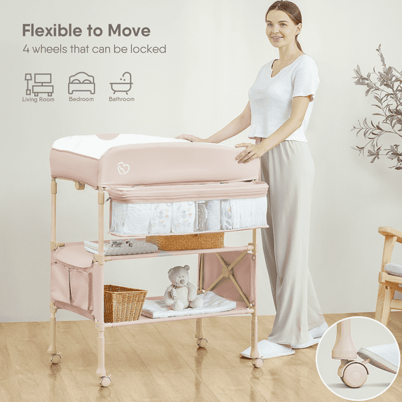 Portable Baby Changing Table with 1pc Diaper Changing Pad, Height Adjustable Changing Station for Infant and Newborn(Pink)