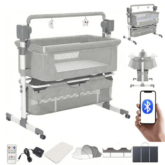 Portable Baby Crib, Bedside Sleeper with Wheels,Canopy,Storage,Height Adjustable for Newborns/Babies/Infants(Bluetooth Enabled),Unisex