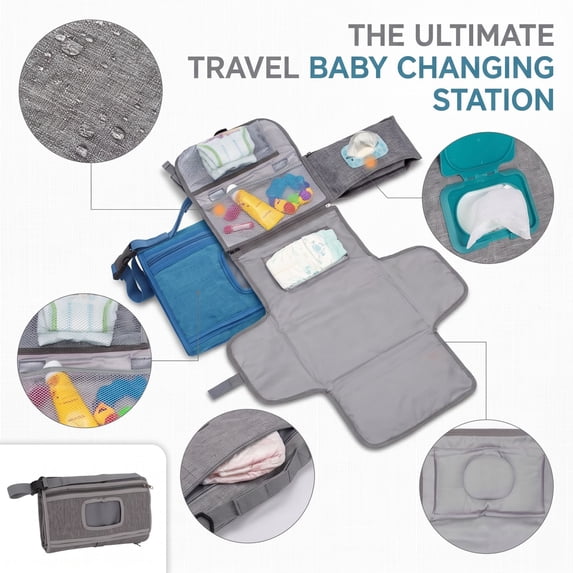 Portable Baby Diaper Changing Pad with Storage Bag, Waterproof Travel Mat for Newborns, Foldable Organizer with Pockets for On-the-Go Parents, Grey Oxford Cloth