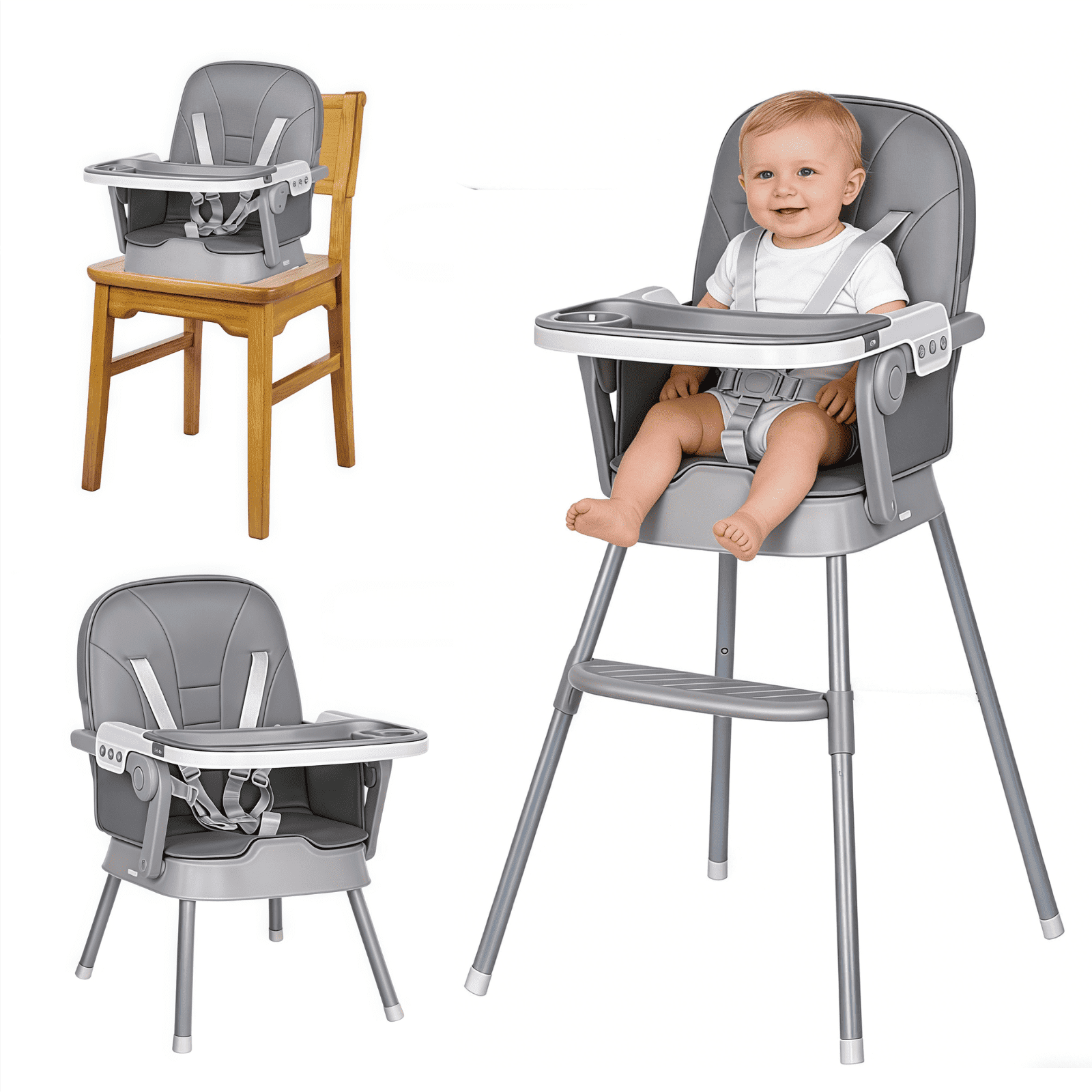 Portable Baby Dining Chair Convertible Baby High Chair Booster with Double-Layer Tray Lightweight for Infants to Toddlers,Grey