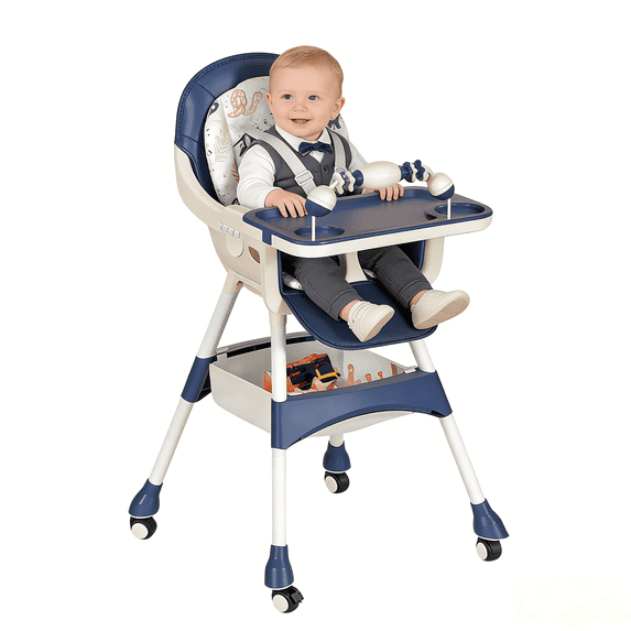 Portable Baby High Chair with Lockable Wheels, Multi-Use Toddler Feeding Chair, Easy to Clean Highchair with Toy Storage Basket, Blue