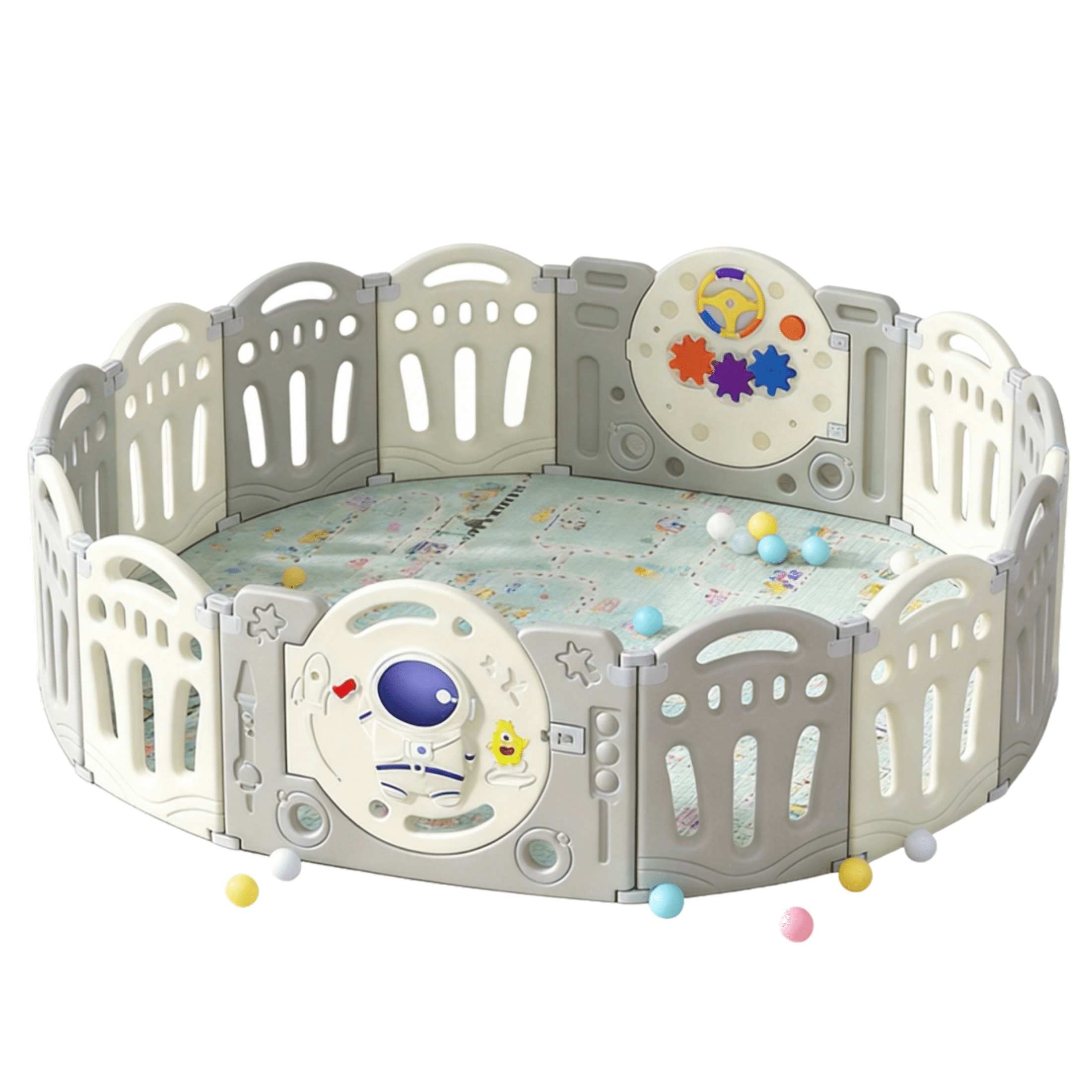 Portable Baby Playard,Stable Child Playpen with 14 Panels & 2 Game Doors,Fence Toddler Play Yards for Indoor & Outdoor for Babies and Toddlers,Grey&White