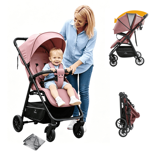 Portable Baby Stroller, Lightweight Stroller for Newborns to 3 Years, Stroller with PU Handle Unisex,Pink