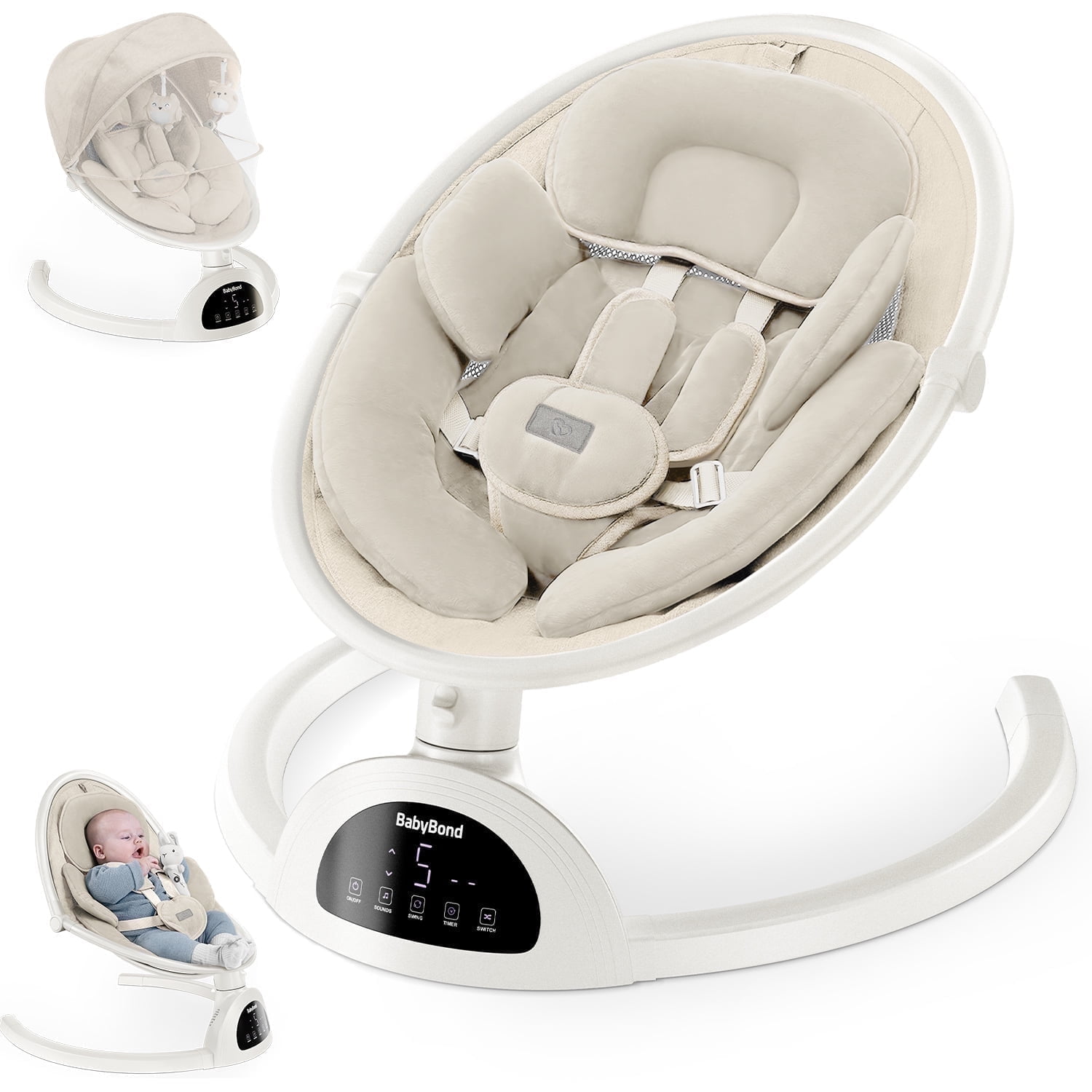Babyomi Baby Swing for Infant, Electric Bluetooth Swing Rocker with 5 Sway Speeds& 10 nursery rhyme ,, beige