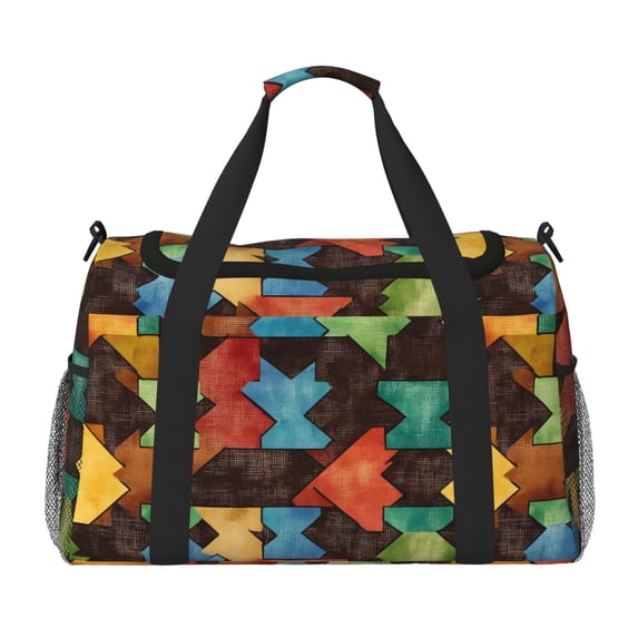 13in×19.7in Large Capacity Design Handle Protective Cover Can Be Used As A Travel Bag Handbag Weekend Bag Saddlebrown Colorful Houndstooth Hand-Drawn Sketch_3