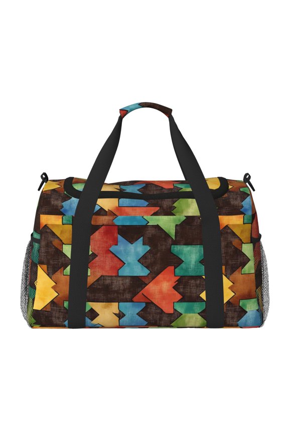 13in19.7in Large Capacity Design Handle Protective Cover Can Be Used As A Travel Bag Handbag Weekend Bag Saddlebrown Colorful Houndstooth Hand-Drawn Sketch_3