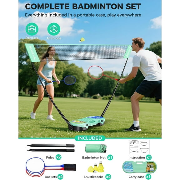 Portable Badminton Net Set with 4 Rackets, 4 Shuttlecocks, Storage & Freestanding Base for Indoor & Outdoor Use