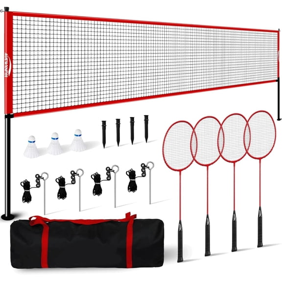 Portable Badminton Set - Includes Rackets, Shuttlecocks, Badminton Net for Backyards, Outdoors, Games