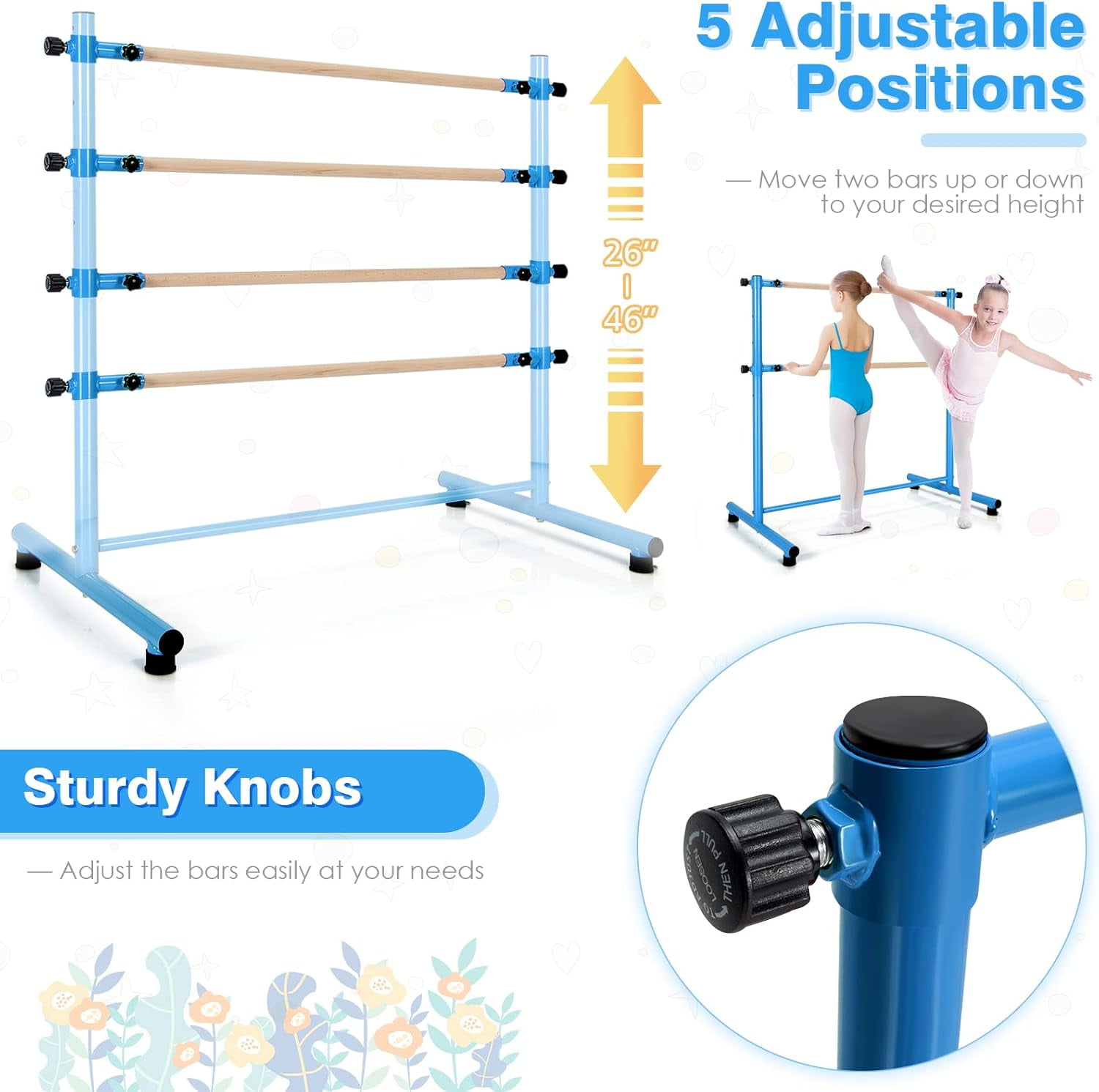 1.2m Portable Ballet Barre Freestanding Stretch Bar, Height Adjustable