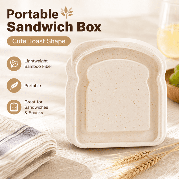 Portable Bamboo Fiber Sandwich Container, 2.1 Quart Lunch Box with Secure Lid, Reusable Meal Storage for Toast, Rice, Snacks, Travel, Work, Picnic, Camping and Kitchen, Beige