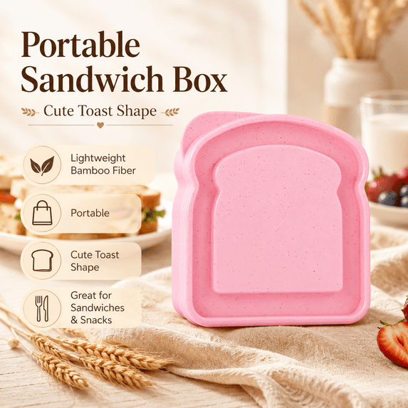 Portable Bamboo Fiber Sandwich Container, 2.1 Quart Lunch Box with Secure Lid, Reusable Meal Storage for Toast, Rice, Snacks, Travel, Work, Picnic, Camping and Kitchen, Pink