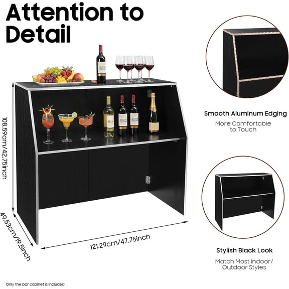 Portable Bar Cabinet, Foldable Event Bar Table with Large Size 19.5X47.75x42.75 Inches, Sturdy Waterproof Bartender Station for Outdoor Parties and Indoor Use (Black)
