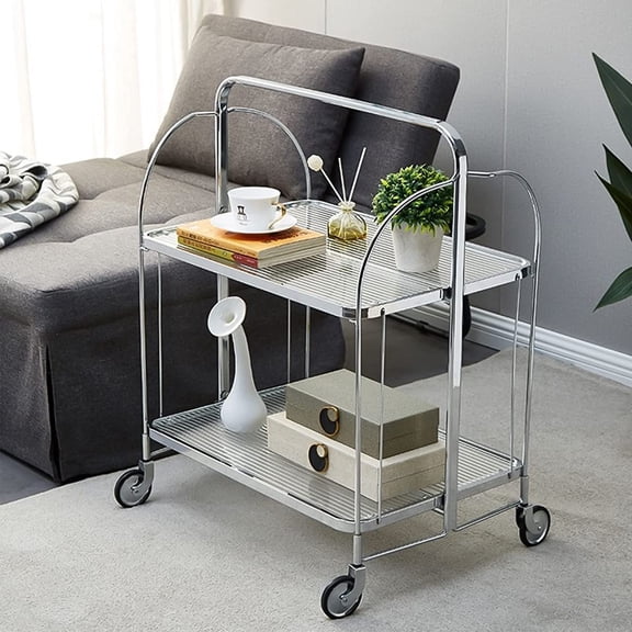 Home Dining Car Cart, Folding Bar Rolling Serving Cart One Bar Trolley Cart Glass Storage Shelf Trolley with Four Castors, Portable 2 Tiers Drink Cart Mobile Kitchen Shelf, 26.7"*16.1"*32.3"