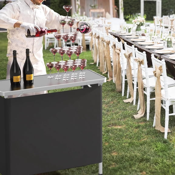 Portable Bar Table with 2-Tier Shelves and Black Skirt for Events, Parties, Camping, Picnic, Tradeshow