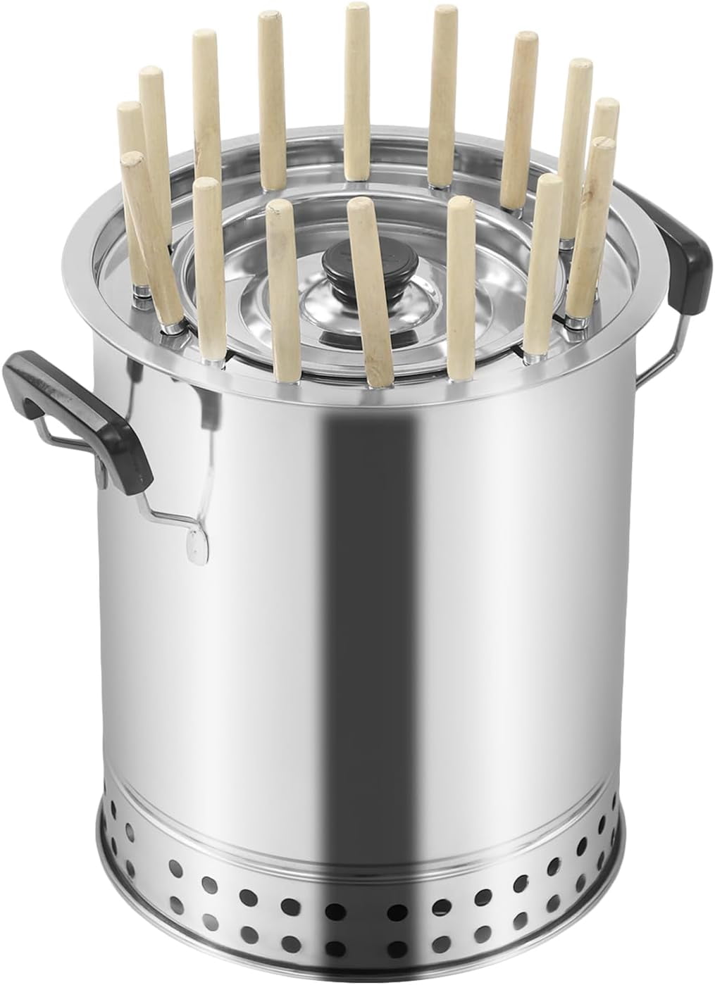 Portable Barbecue Charcoal Barrel Grill, 2-In-1 Design, 16 Holes Stainless Steel Surround Charcoal Kebab Grill with 30 Skewers for Camping, Picnics, Parties