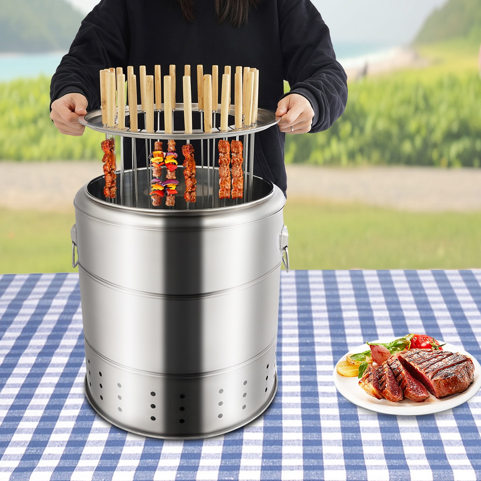 Portable Barbecue Charcoal Barrel Grill with Grilling Accessories Set for Picnics, Camping Barbecues