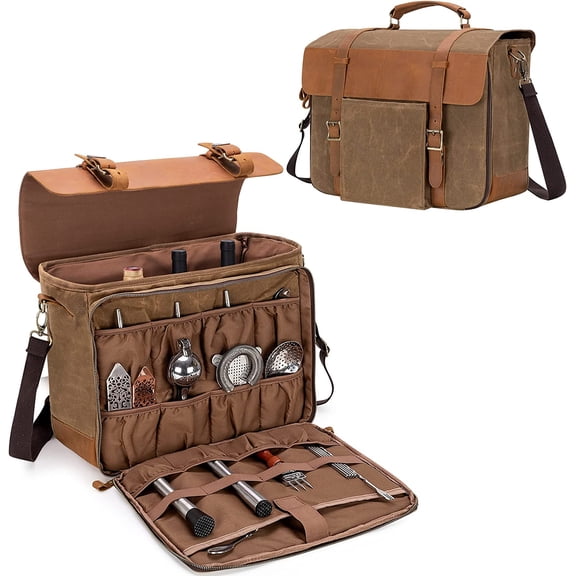 Portable Bartender Bag for Bar Kits, Vintage Genuine Leather Waxed Canvas Travel Bar Case with Thick Inner Dividers and Adjustable Shoulder Strap for Cocktail Making, Bag Only,(Patent Design)